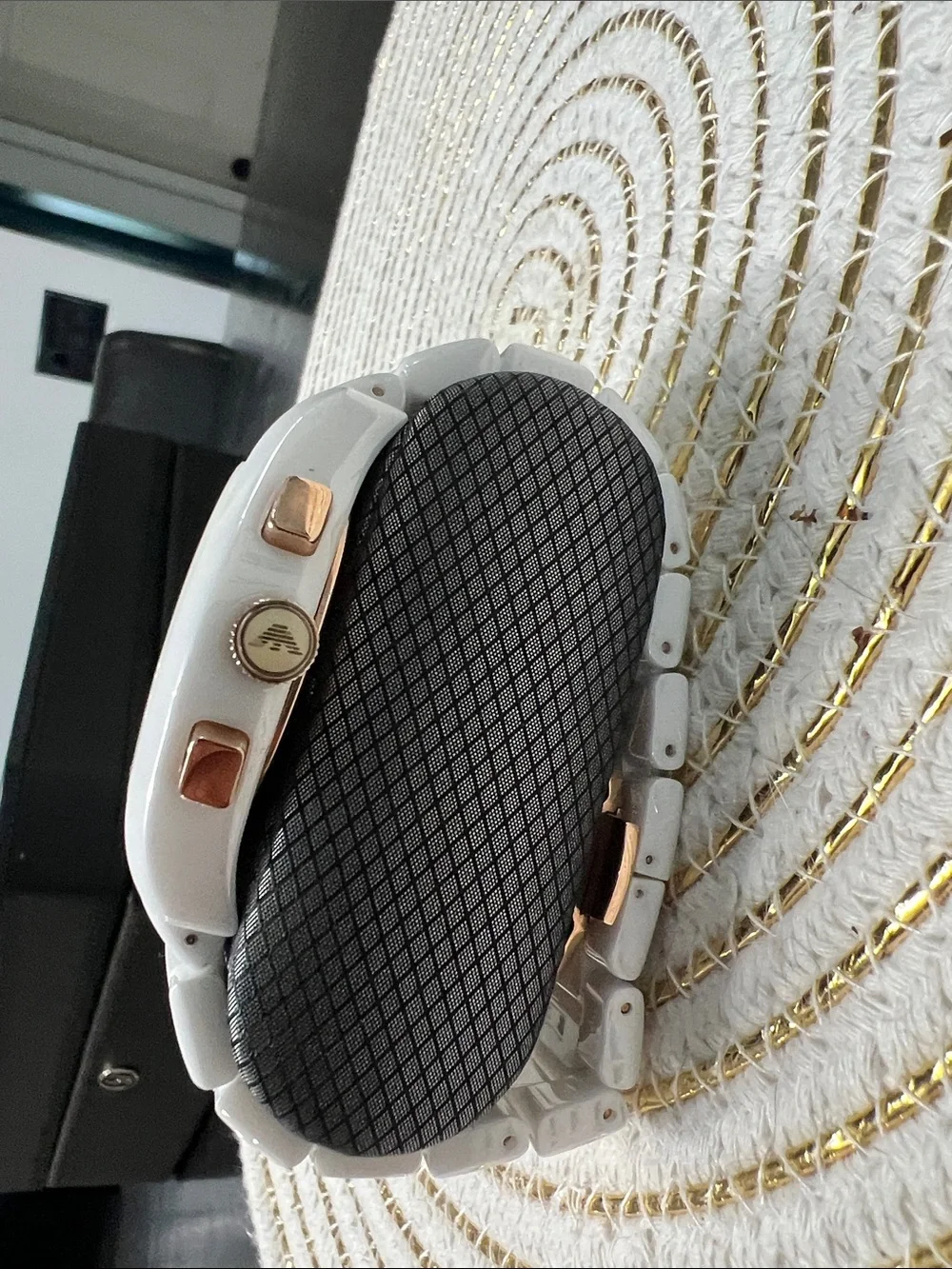 Emporio Armani White Ceramic Chronograph Watch with Rose-Gold Accents